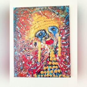 Queen Bee Acrylic Abstract Vibrant Red Gold Blue Fluid Flow Painting 16x20 Decor
